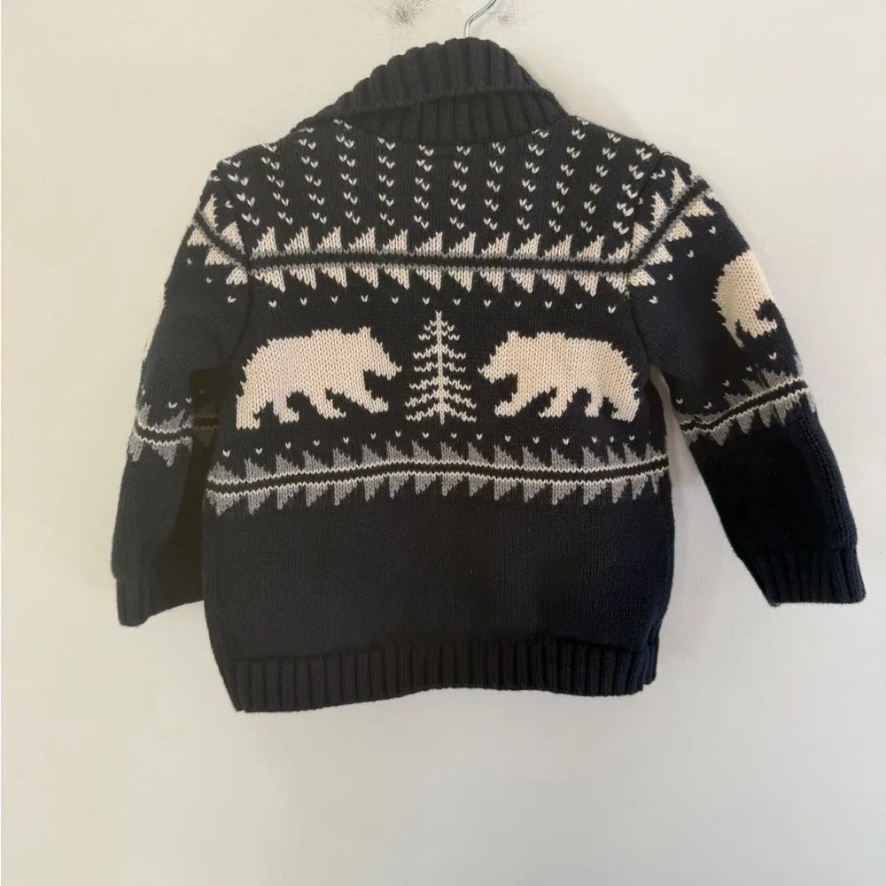 Old Navy Black & Cream Bear Zip Knit Sweater Jacket